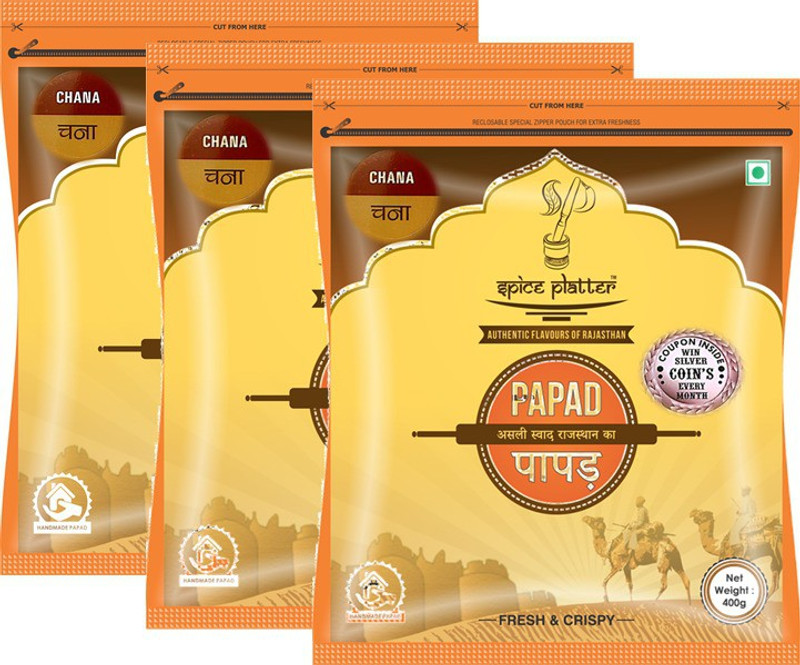Spice Platter Chana Papad - Authentic Rajasthani sajji Papad - Pack of 3 - 400g each Masala Papad 1200 g(Pack of 3)