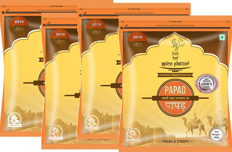 Spice Platter Crispy Moth Papad - Authentic Rajasthani Sajji Papad - Pack of 4 - 400g Each Masala Papad 1600 g(Pack of 4)