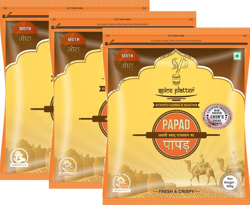 Spice Platter Crispy Moth Papad - Authentic Rajasthani Sajji Papad - Pack of 3 - 400g Each Masala Papad 1200 g(Pack of 3)