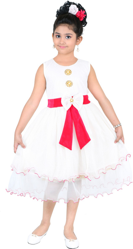 stylokids Girls Midi/Knee Length Party Dress(White, Sleeveless)