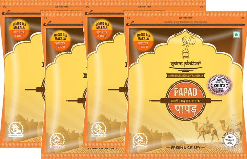 Spice Platter Crispy Moong tej Masala Papad - Authentic Rajasthani Sajji Papad - Pack of 4 - 400g Each 1600 g(Pack of 4)