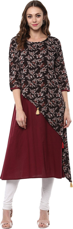 Krapal Festive & Party Block Print Women Kurti(Maroon, Brown)