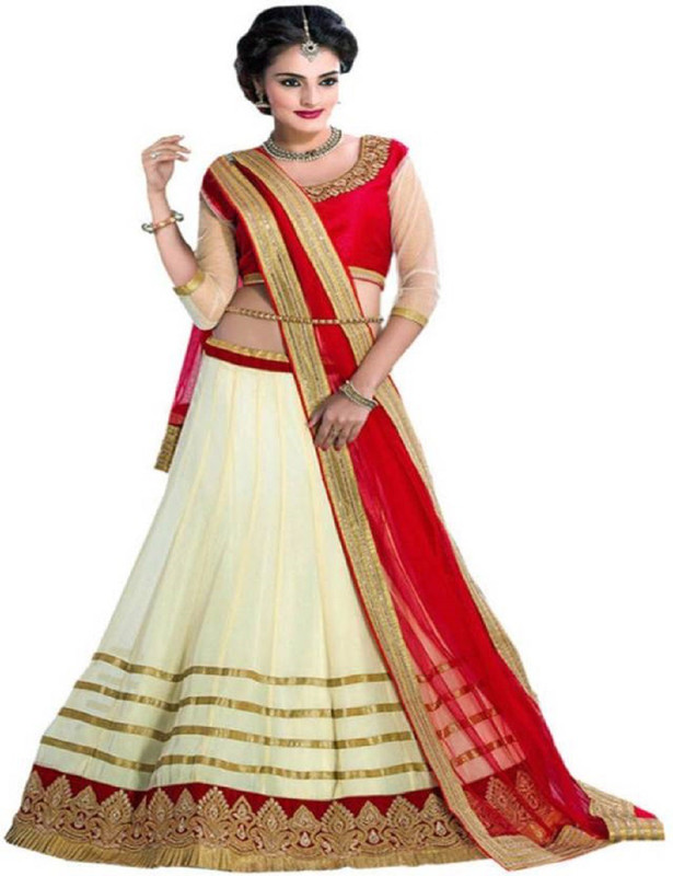 ross and rack Embroidered Semi Stitched Lehenga, Choli and Dupatta Set(Red, Beige)
