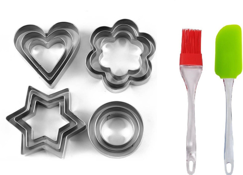 H D Enterprise Stainless Steal Heart, Round, Flower, Star Shape and 1 Silicon Spatula Cookie Cutter(Pack of 12)