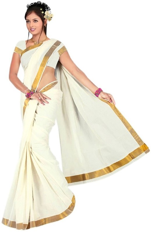 Rsv fabrics Solid Kasavu Cotton Blend Saree(White)