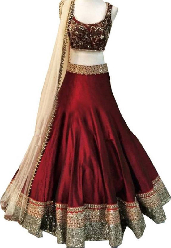 crezz n world Embroidered Semi Stitched Lehenga, Choli and Dupatta Set(Gold, Maroon)