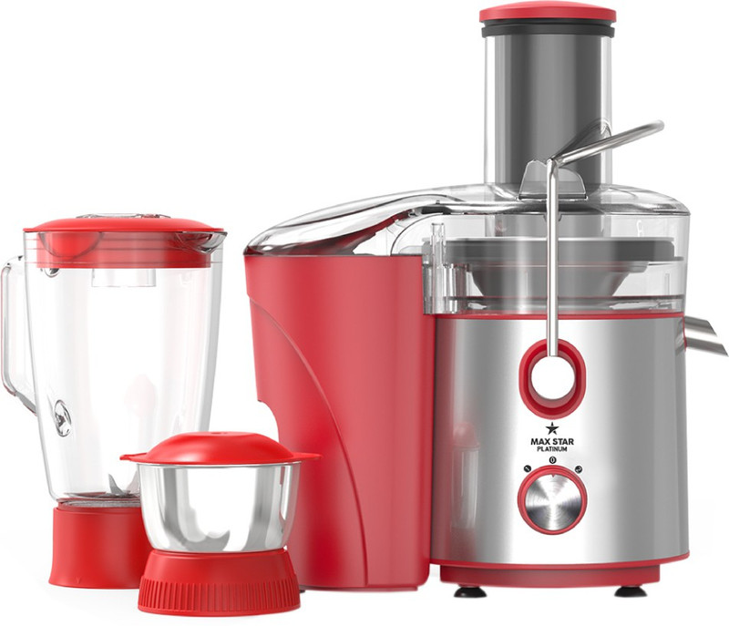 Maxstar Juicer Mixer Grinder JMG01 Platinum 800 W Juicer Mixer Grinder(Red, Black, Stainless Steel, 2 Jars)