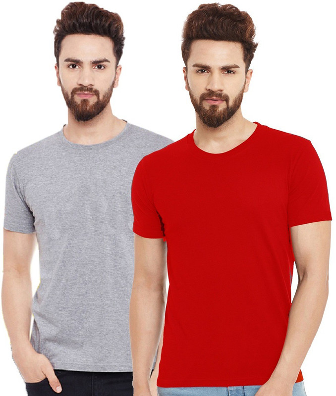 The Archer Solid Men Round Neck Grey, Red T-Shirt(Pack of 2)