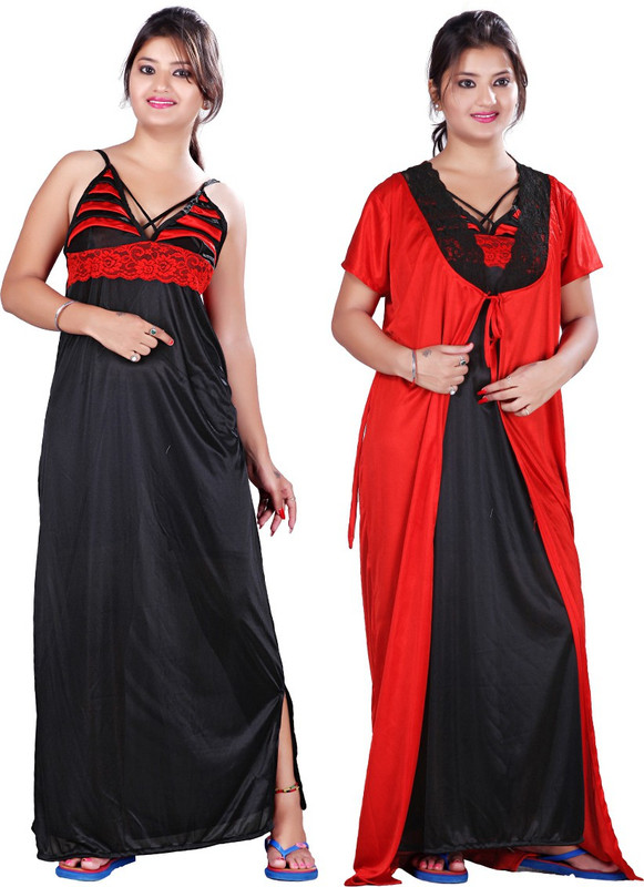 Mahaarani Women Nighty with Robe(Red)