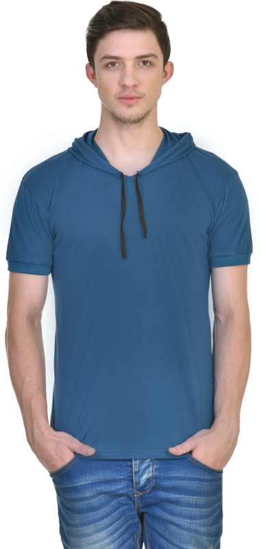 Inkovy Solid Men Hooded Light Blue T-Shirt