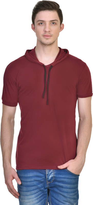 Inkovy Solid Men Hooded Maroon T-Shirt
