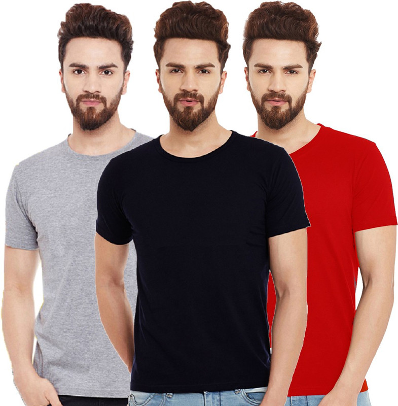 The Archer Solid Men Round or Crew Black, Grey, Red T-Shirt(Pack of 3)