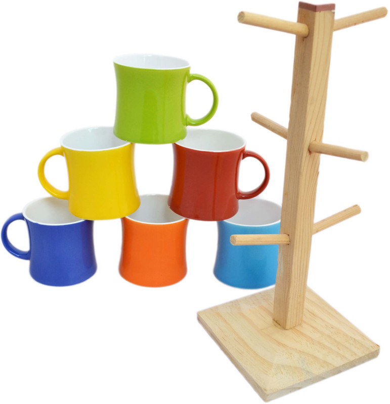 aevlon marketing Tibros Multi Color Coffee With Wooden Tree Rack Holder Set of 6 Ceramic Mug(160 ml, Pack of 6)