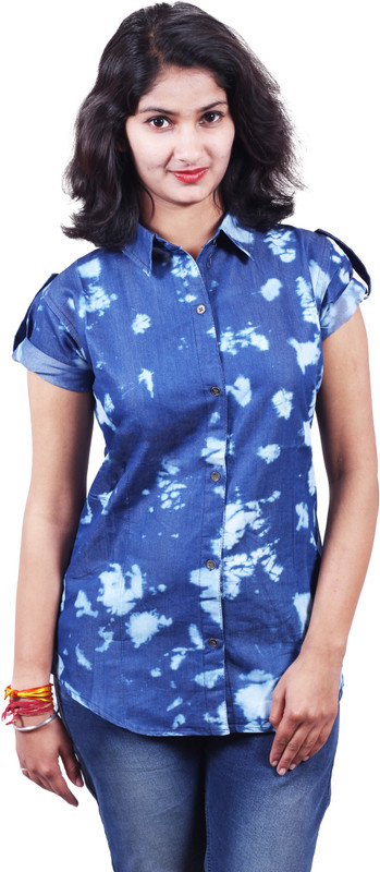 king denim Women Washed Casual Blue Shirt
