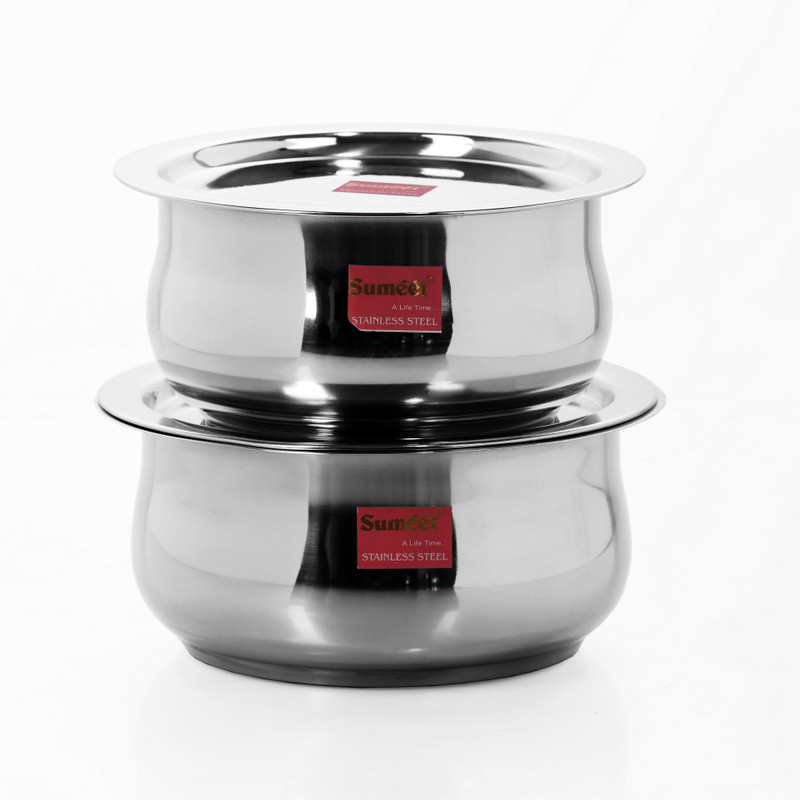 Sumeet 2 Pcs Stainless Steel Induction & Gas Stove Friendly Belly Shape Container Set / Tope / Cookware Set With Lids Size No.11 & No.12 Pot 2.1 L with Lid(Stainless Steel, Induction Bottom)