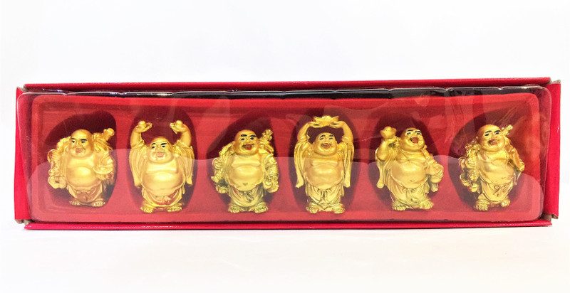 purkush Fengshui Vastu Golden Laughing Buddha 6 Pcs. Set For Happiness , Wealth , Prosperity Decorative Showpiece  -  10 cm(Polyresin, Gold)