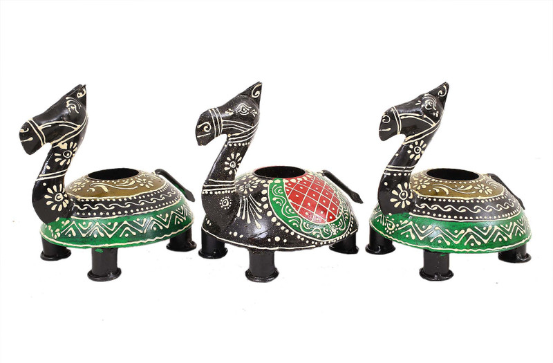 kolambas KOLAMBAS Metal Camel shape T-Light candle set of 3 Pcs Holder Home Decorative Handicrafts Corporate/Diwali Gift & Showpiece Brass 3 - Cup Tealight Holder(Black, Pack of 3)