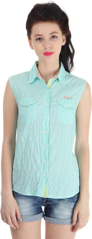 Pepe Jeans Women Checkered Casual Green Shirt