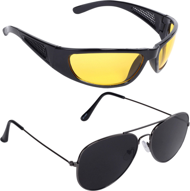 Reyda Wrap-around, Aviator Sunglasses(Black, Yellow)