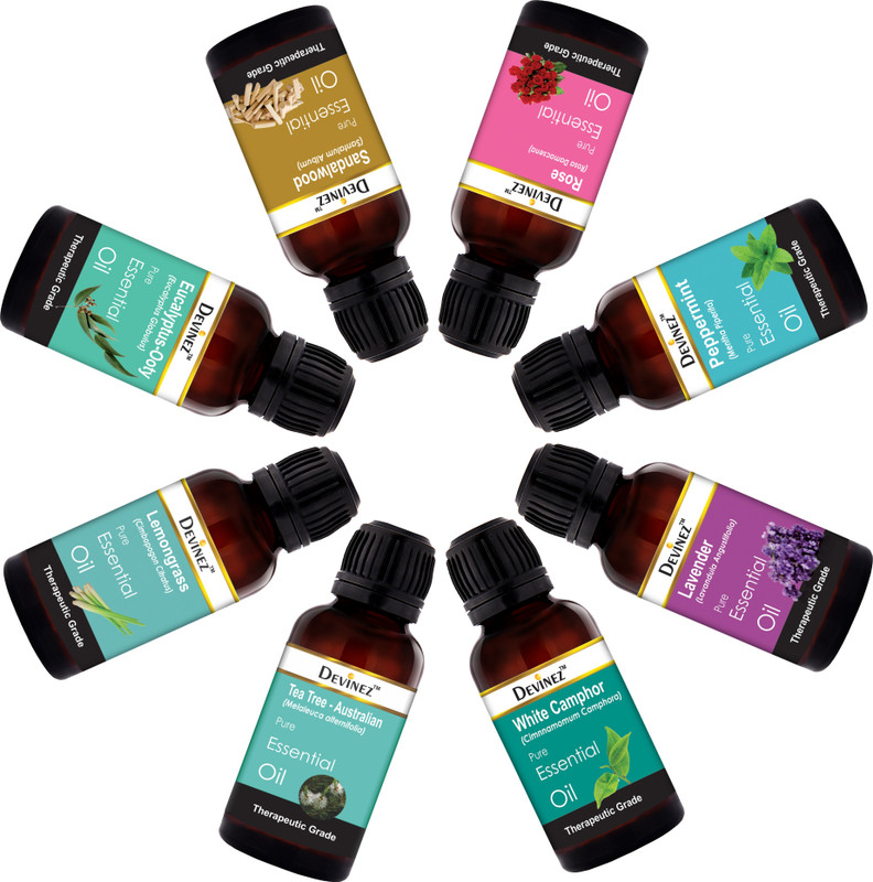 Devinez 8 Essential Oils, 30ml each, Undiluted & Natural Therapeutic Grade, Rose, Eucalyptus, Peppermint, Tea Tree - Australian, Lavender, White Camphor, Sandalwood & Lemon Grass For Hair & Skin Care(30 ml)