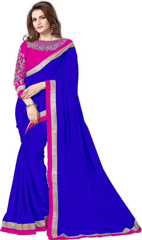 onlinefayda Solid Daily Wear Poly Georgette Saree(Blue)