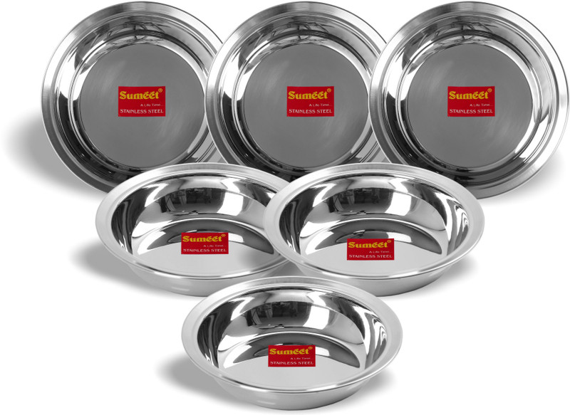 Sumeet Stainless Steel Heavy Gauge Multi Utility Serving Plates with Mirror Finish 19cm Dia - Set of 6pc Quarter Plate(Pack of 6)