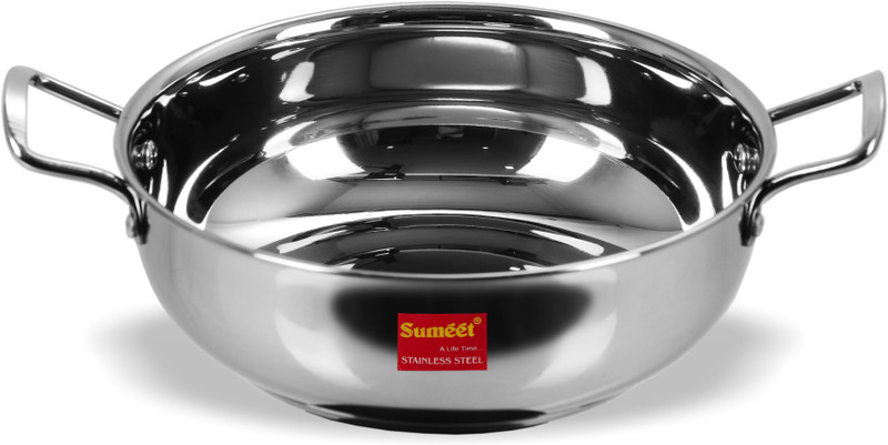 Sumeet Stainless Steel Induction Bottom (Encapsulated Bottom) Induction & Gas Stove Friendly Kadhai With Glass Lid Size No.12 (1.9 LTR) Kadhai 22 cm diameter with Lid 1.9 L capacity(Stainless Steel, Induction Bottom)