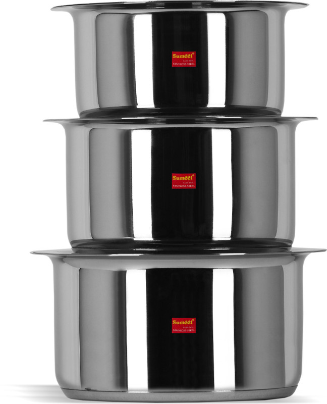 Sumeet 3 Pcs Stainless Steel Induction Bottom (Encapsulated Bottom) Induction & Gas Stove Friendly Container Set / Tope / Cookware Set With Lids Size No.10 to No.12 Pot 1.7 L with Lid(Stainless Steel, Induction Bottom)