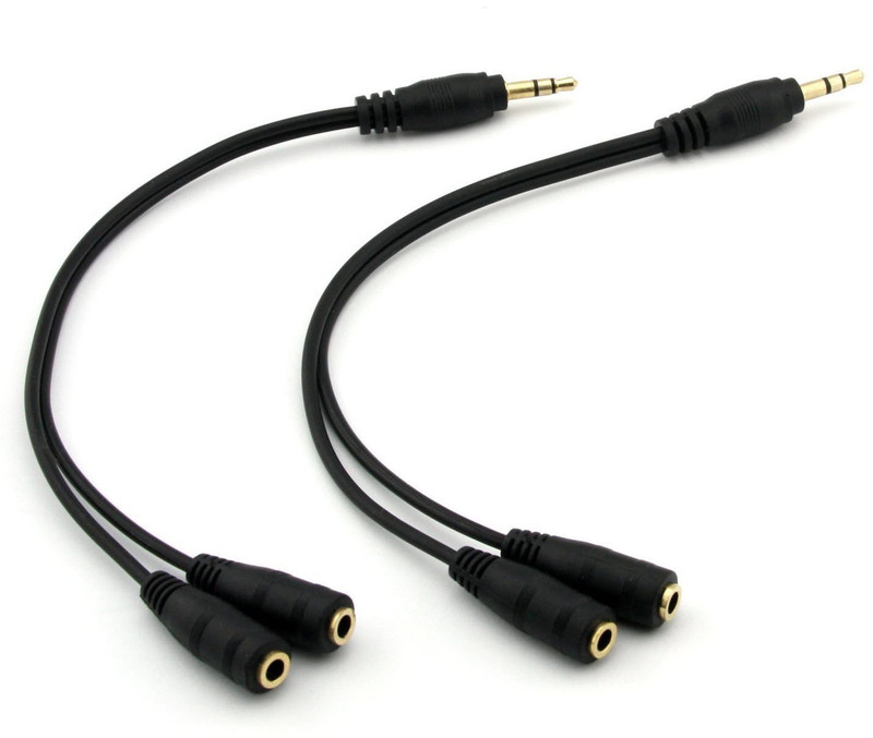 FOX MICRO Black 3.5mm Stereo Jack Y Splitter Cable Adapter Audio Auxiliary Cable 1 x Male to 2 x Female Connectors (Gold Plated)- Black(PACK OF 2 JACK CABLE )-FM Phone Converter(Android, iOS)