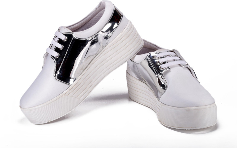 Bella Toes Designer shoes for Women - Casual Shoes - White Fabric Smart Casual Shoes for Women Sneakers For Women(Silver)