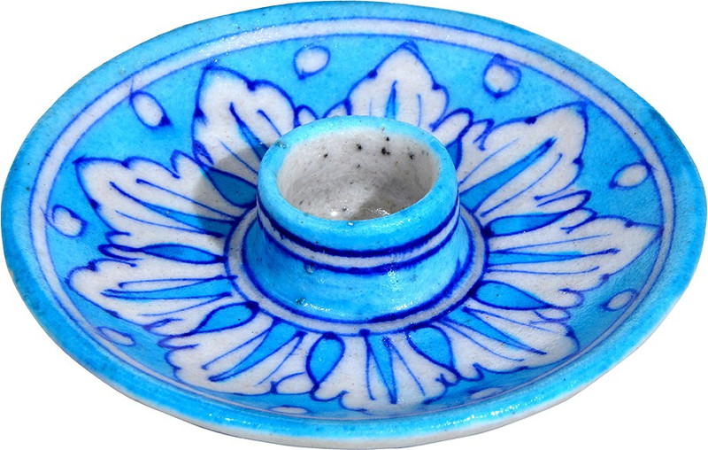 om craft villa Pottery 1 - Cup Candle Holder(White, Blue, Pack of 1)