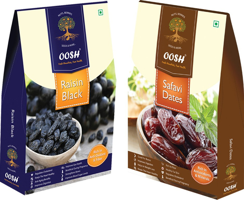 Oosh Seedless Black Raisin 250g & Safavi Dates 200g ( Total 450g) | Premium Dry Fruits | Gifting Ideas Dates, Raisins(2 x 225 g)