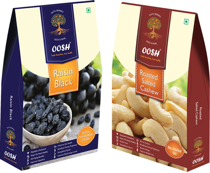 Oosh Seedless Black Raisin 250g & Roasted Salted Cashews 250g ( Total 500g) | Premium Dry Fruits | Gifting Ideas Cashews, Raisins(2 x 250 g)