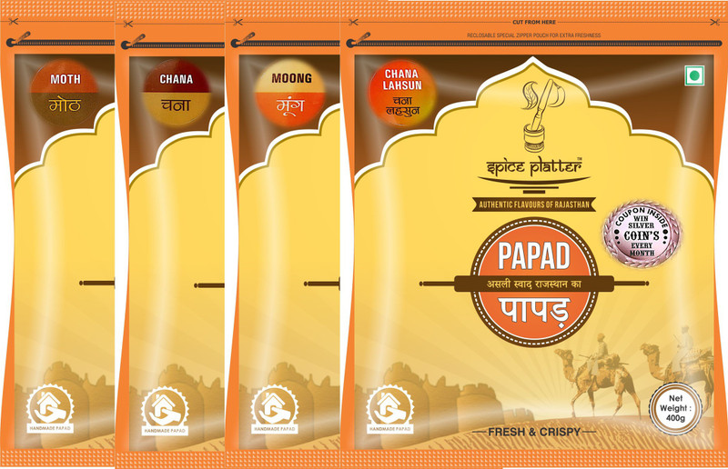 Spice Platter Crispy Sajji Papad Combo -Authentic Rajasthani Flavored Papad Pack of 4-Moong Tej Masala, Moth, Chana Lahsun and Chana Papad Masala Papad 1600 g(Pack of 4)