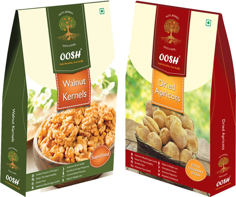 Oosh Premium California Walnut Kernel Halves 200g & Afgani Apricot 200g( Jardalu/Khumani) | Healthy Dry Fruits Apricots, Walnuts(2 x 200 g)