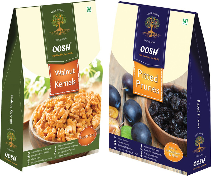 Oosh Premium California Walnut Kernel Halves 200g & California Pitted Prunes 250g | Healthy Dry Fruits Walnuts, Prunes(2 x 225 g)