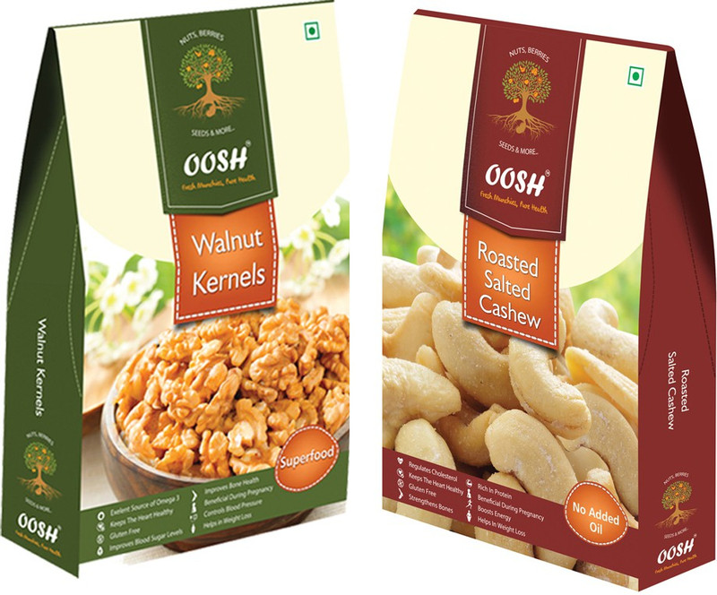 Oosh Premium California Walnut Kernel Halves 200g & Roasted Salted Cashew 250g | Healthy Dry Fruits Cashews, Walnuts(2 x 225 g)