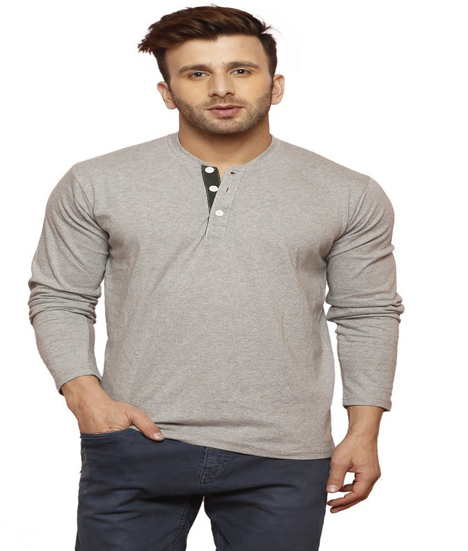 Leana Solid Men Henley Grey T-Shirt