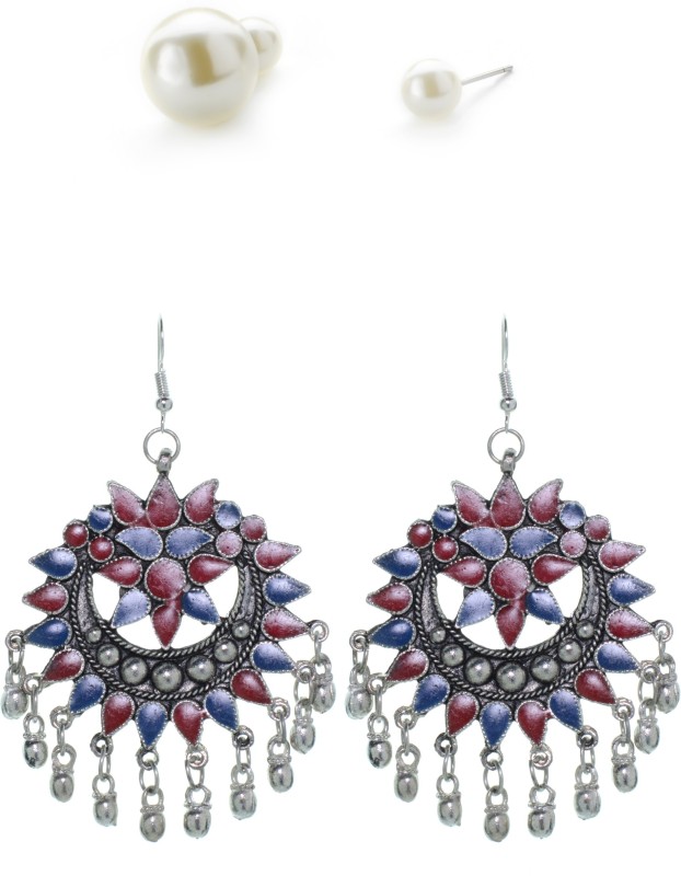 Three Shades Multicolored afghani & Pearl Stud Earring, Tribal Drop Earrings For...