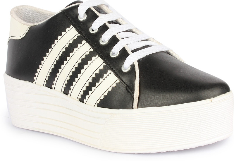 Bella Toes Women's Black Synthetic Leather Sneakers Shoes Sneakers For Women(White, Black)