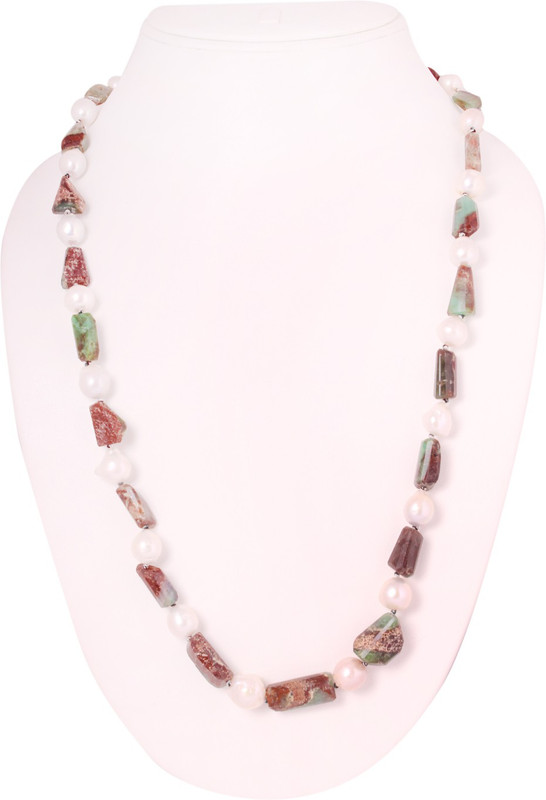 acclare Pearls/Raw Emerald Semi-Precious stones single Line long string Pearl, Emerald Stone Necklace