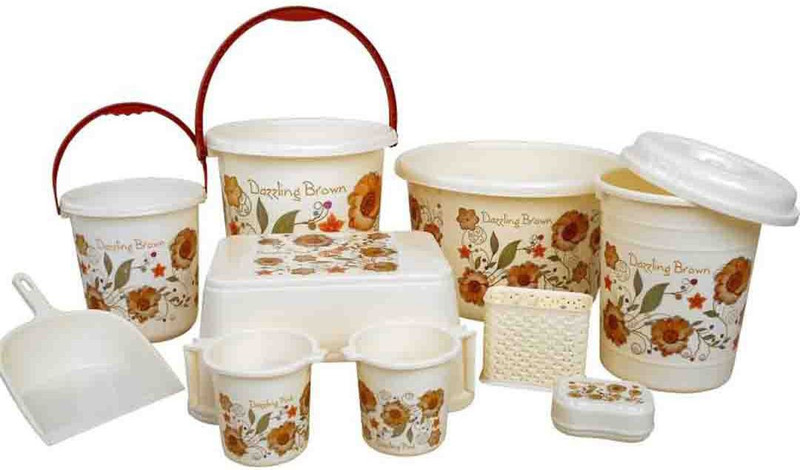 rudraent High quality unbreakable Flower printed Balti 20.0 Ltr, Plastic Bucket 20.0 Ltr, Small Balti 8.5 Ltr, Round Waste Container 10.0 Ltr with Lid, 2 pcs of Mug 1.0 Ltr, Soap Dish, Comfort Stool, Cutlery Stand and dustpan 20 L Plastic Bucket (Brown) 20 L Plastic Bucket(Brown)