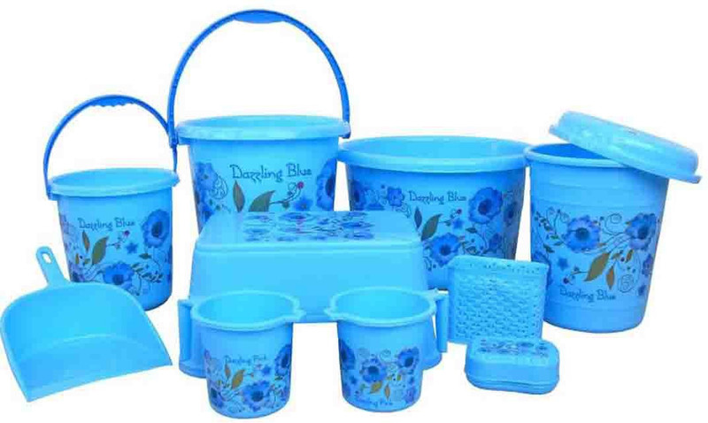 rudraent High quality unbreakable Flower printed Balti 20.0 Ltr, Plastic Bucket 20.0 Ltr, Small Balti 8.5 Ltr, Round Waste Container 10.0 Ltr with Lid, 2 pcs of Mug 1.0 Ltr, Soap Dish, Comfort Stool, Cutlery Stand and dustpan 20 L Plastic Bucket (Blue) 20 L Plastic Bucket(Blue)