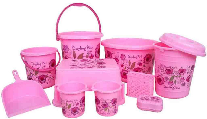 rudraent High quality unbreakable Flower printed Balti 20.0 Ltr, Plastic Bucket 20.0 Ltr, Small Balti 8.5 Ltr, Round Waste Container 10.0 Ltr with Lid, 2 pcs of Mug 1.0 Ltr, Soap Dish, Comfort Stool, Cutlery Stand and dustpan 20 L Plastic Bucket (Pink) 20 L Plastic Bucket(Pink)