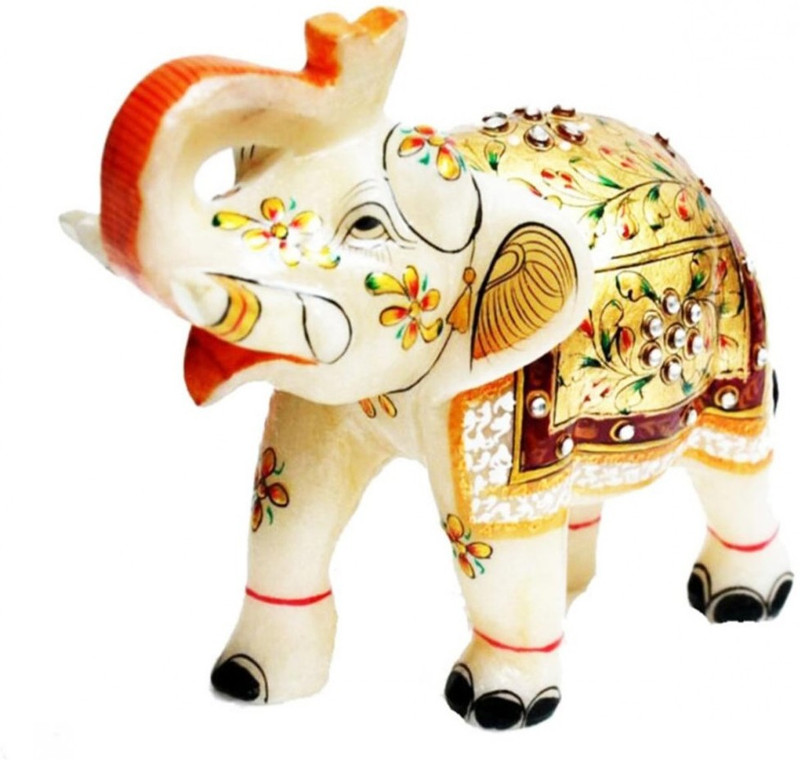 ajmera sales Kundan Studded Makrana Marble Elephant Decorative Showpiece  -  8 cm(Marble, White, Gold)