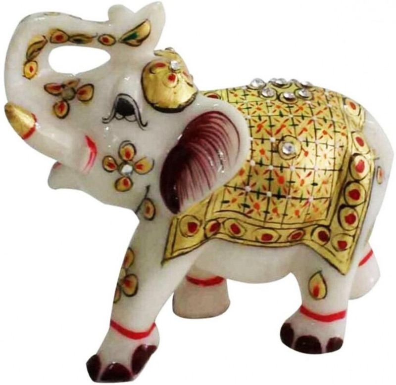 ajmera sales Kundan Studded Makrana Marble Elephant Decorative Showpiece  -  8 cm(Marble, White, Gold)