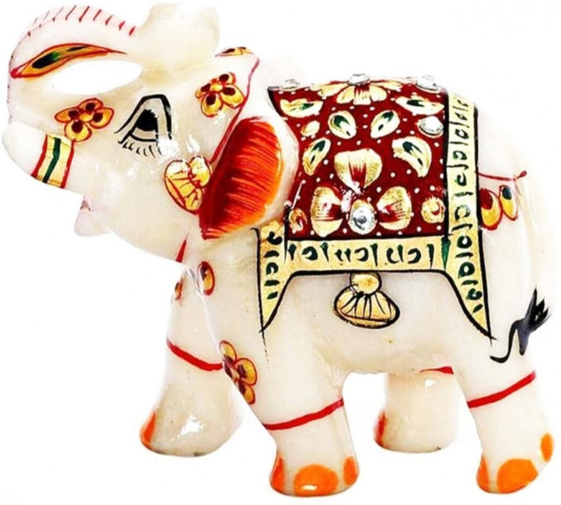 ajmera sales Kundan Studded Makrana Marble Elephant Decorative Showpiece  -  8 cm(Marble, Multicolor)