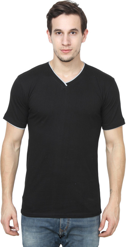 a3unique Solid Men V-Neck Black T-Shirt