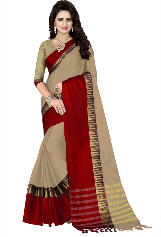 Bombey Velvat Fab Striped Kanjivaram Cotton Linen Blend, Cotton Blend, Poly Silk, Cotton Silk Saree(Red, Brown)