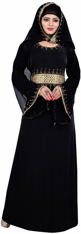 Reya Abaya_8 Lycra Blend Self Design Abaya With Hijab(Black)